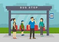 Speaking loudly in public places. Young male character holding mobile phone and talking loudly at the bus stop. Royalty Free Stock Photo
