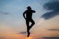 speaking on phone. man silhouette jump on sky background. confident businessman jumping. daily motivation. enjoying life Royalty Free Stock Photo