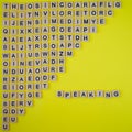 Speaking sign of English learning skills written on yellow paper background with letter blocks lying diagonal