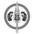 The Spear Of The God Odin - Gungnir. Two ravens and Scandinavian pattern