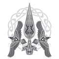 The Spear Of The God Odin - Gungnir. Two ravens and Scandinavian pattern