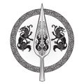 The Spear Of The God Odin - Gungnir. Two wolves and Scandinavian pattern