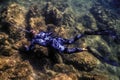 Spearfisher Swims on the Rocky Seabed Royalty Free Stock Photo