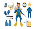 Spearfishing diving equipment vector set.