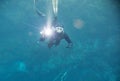 Spearfishing man with flashlight in deep of lake looking to the camera