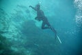 Spearfishing man in lake. Underwater shot wide