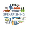 Spearfishing scuba diving underwater set of flat vector elements. Protective sea diver equipment and professional hunter