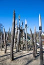 Spears on stone age playground of Neanderthal Museum, Mettmann, Germany. Museum for the prehistory and early history of mankind.