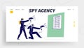 Special Agents with Professional Surveillance Equipment Landing Page Template. People in Dark Wear Eavesdrop with Radars