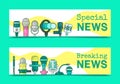 Special breaking news on TV set of banners vector illustration. Journalism concept. Live speech. Music recording