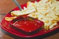 Special cheese fries with tomato saurce Royalty Free Stock Photo