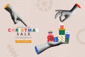 Hands with Christmas gift sale in retro 90s collage illustration Royalty Free Stock Photo