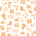 Safety at work, labor protection, seamless pattern, white and orange, pencil hatching, vector.