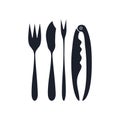 Special Cutlery for Seafood. Silhouette of Cocktail fork, Coquille, fish knife, tongs. Boiled prawns - on forks. Hand drawn