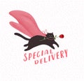 Special delivery. Cute cats in love. Romantic Valentines Day greeting card or poster. Hero Kitten fly with rose in mouth