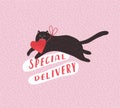 Special delivery. Cute cats in love. Romantic Valentines Day greeting card or poster. Hero Kitten run with heart in