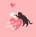Special delivery. Cute cats in love. Romantic Valentines Day greeting card or poster. Kitten fly on balloon with Royalty Free Stock Photo