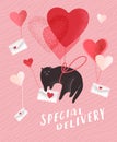 Special delivery. Cute cats in love. Romantic Valentines Day greeting card or poster. Kitten fly on balloon with Royalty Free Stock Photo