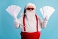 Special delivery. Photo of pensioner old man grey beard hold fan envelope courier bring mail colleagues wear santa Royalty Free Stock Photo