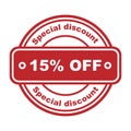 Special discount 15 percent off. Red rubber stamp on white background. For flyer, poster, shopping, for symbol sign, discount, Royalty Free Stock Photo