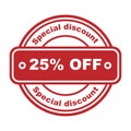 Special discount 25 percent off. Red rubber stamp on white background. For flyer, poster, shopping, for symbol sign, discount, Royalty Free Stock Photo