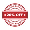 Special discount 20 percent off. Red rubber stamp on white background. Vector illustration. Sale shopping text. Discount Symbol. Royalty Free Stock Photo