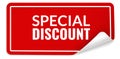 Special discount. Red rectangular sticker with curled edge and white letters, realistic shadows, sale label or emblem