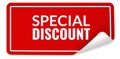 Special discount. Red rectangular sticker with curled edge and white letters, realistic shadows, sale label or emblem, marketing