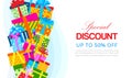 Special discount and season sale banner vector illustration with gift boxes. Special offer and discount colorful Royalty Free Stock Photo