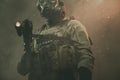 Special force soldier between smoke and dust Royalty Free Stock Photo