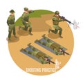 Practice shooting of special troops. Sergeants are watching. Illustration isometric icons on isolated background