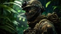Special forces commando soldiers navigating their way through a dense jungle environment. Clad in camouflage gear and armed Royalty Free Stock Photo