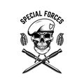 Special Forces. Crossed Knives And Grenades With Soldier Skull In Military Beret. Design Element For Logo, Label, Sign