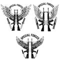 Special forces. Set of assault rifles with wings. Design element for logo, label, sign, emblem. Royalty Free Stock Photo