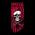 Special forces. Skull in army beret with crossed knives on american flag background. Design element for logo, label