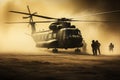 Special forces soldiers in front of a helicopter in the sandy dust.