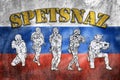 Special forces tactical team in action illustration with Spetsnaz label on grunge Russian Federation flag, unmarked and