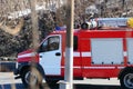 Special freight transport on the road. The fema car or fire service is on the road.