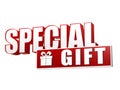 Special gift with present box sign in 3d letters and block Royalty Free Stock Photo