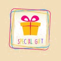 special gift with present box sign in frame over old paper background