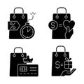 Special gift and reward buyers black glyph icons set on white space