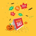 Special Halloween day sale symbol with calendar and flying colorful leaves Royalty Free Stock Photo