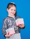 Special happens every day. Girl with gift box blue background. Black friday. Shopping day. Cute child carry gift box Royalty Free Stock Photo