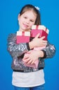 Special happens every day. Shop for what you want. Girl with gift boxes blue background. Black friday. Shopping day Royalty Free Stock Photo