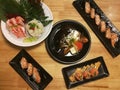 Special Japanese meal, variety of sushi, Salmon head, Salmon sushi, Salmon sashimi