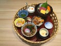 Special Japanese traditional meal on the basket, variety of Japanese food, Salmon and Tuna sashimi, Pork cutlet Tonkatsu rice bowl Royalty Free Stock Photo