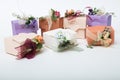 Special kind of gift boxes with ribbon and flowers on white back