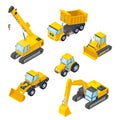 Special machinery icons. Vector 3d isometric illustrations of excavator, wheel loader, bulldozer, tractor, dumper, crane