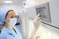 Almaty / Kazakhstan - 02.13.2019 : Artificial insemination clinic. Embryologists perform tests with human eggs
