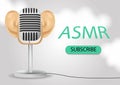 Special microphone with the white ears for ASMR isolated on gradient background with the clouds . Realistic 3D illustration for